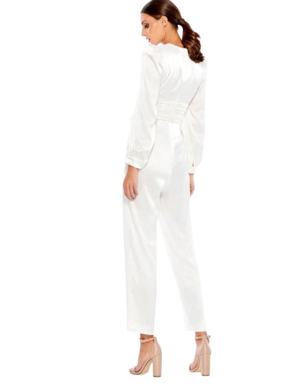 Mac Duggal Formal Long Sleeve White Satin Jumpsuit Size 2 - Picture 5 of 8